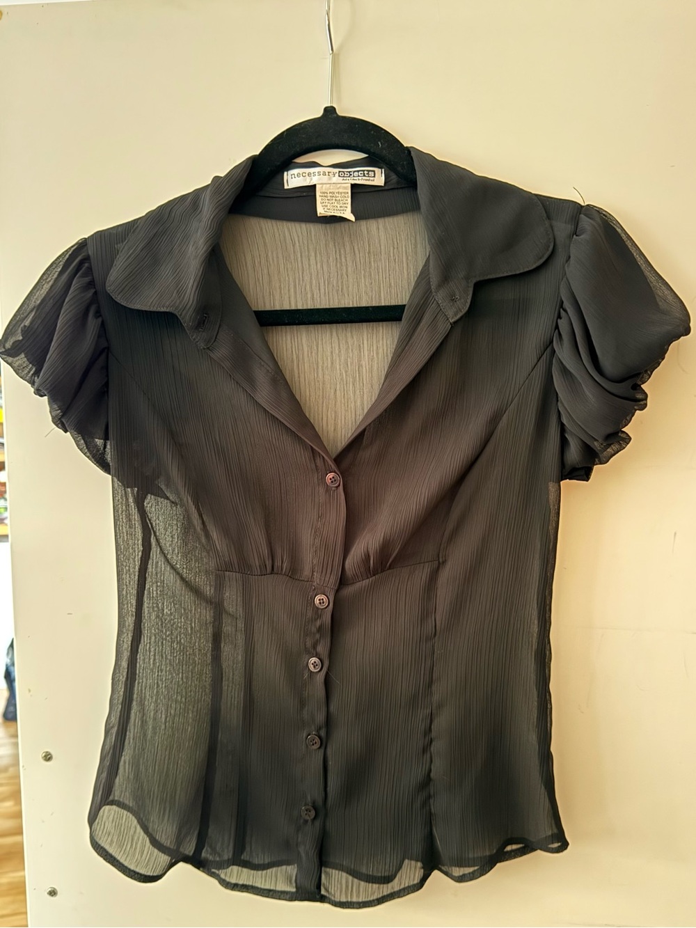 Necessary Objects Black Sheer Puff Sleeve Button Front Blouse Made in USA Small